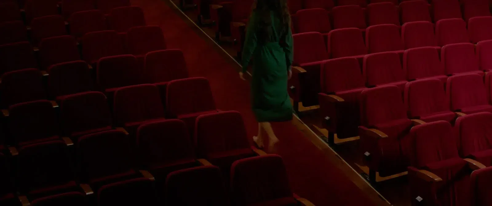 Uma pessoa vestida de verde entre filas de cadeiras vermelhas numa sala de espectáculos.