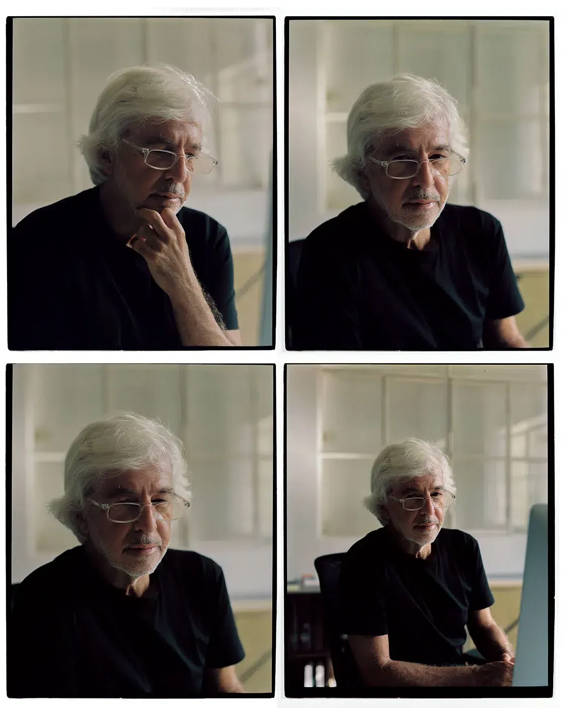 Quatro retratos da mesma pessoa de cabelo branco e óculos, dispostos numa grelha de dois por dois.
